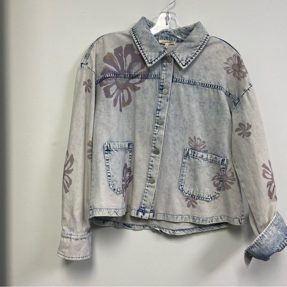 Mystree Light Blue Denim Jacket with Lavender Script and Floral Accent